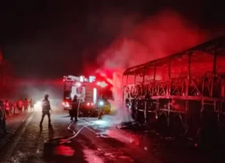 Ônibus de turismo pega fogo e fica destruído na BR-343 no Norte do Piauí